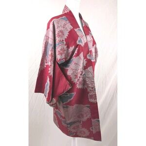 Vintage Japanese Silk Haori Kimono Jacket Reversible Floral Crane Fan Red Orange